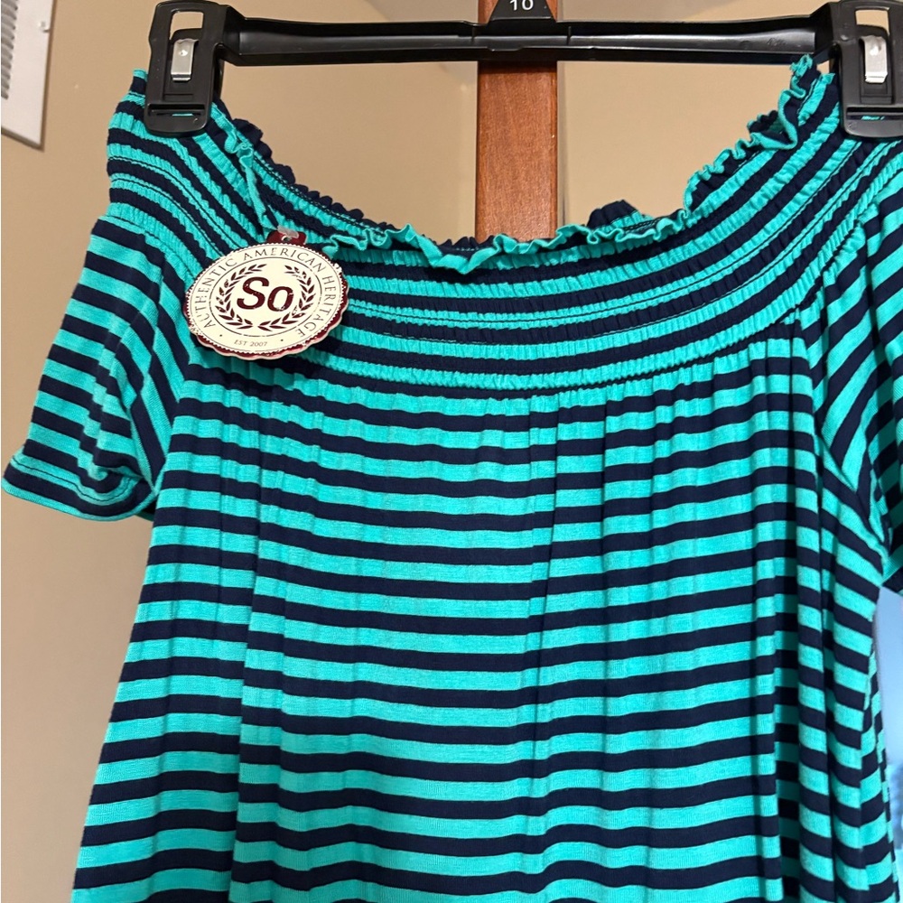 SO Teal and Black Striped Off-Shoulder Top